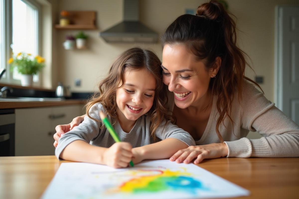 Parent helping child color a drawing