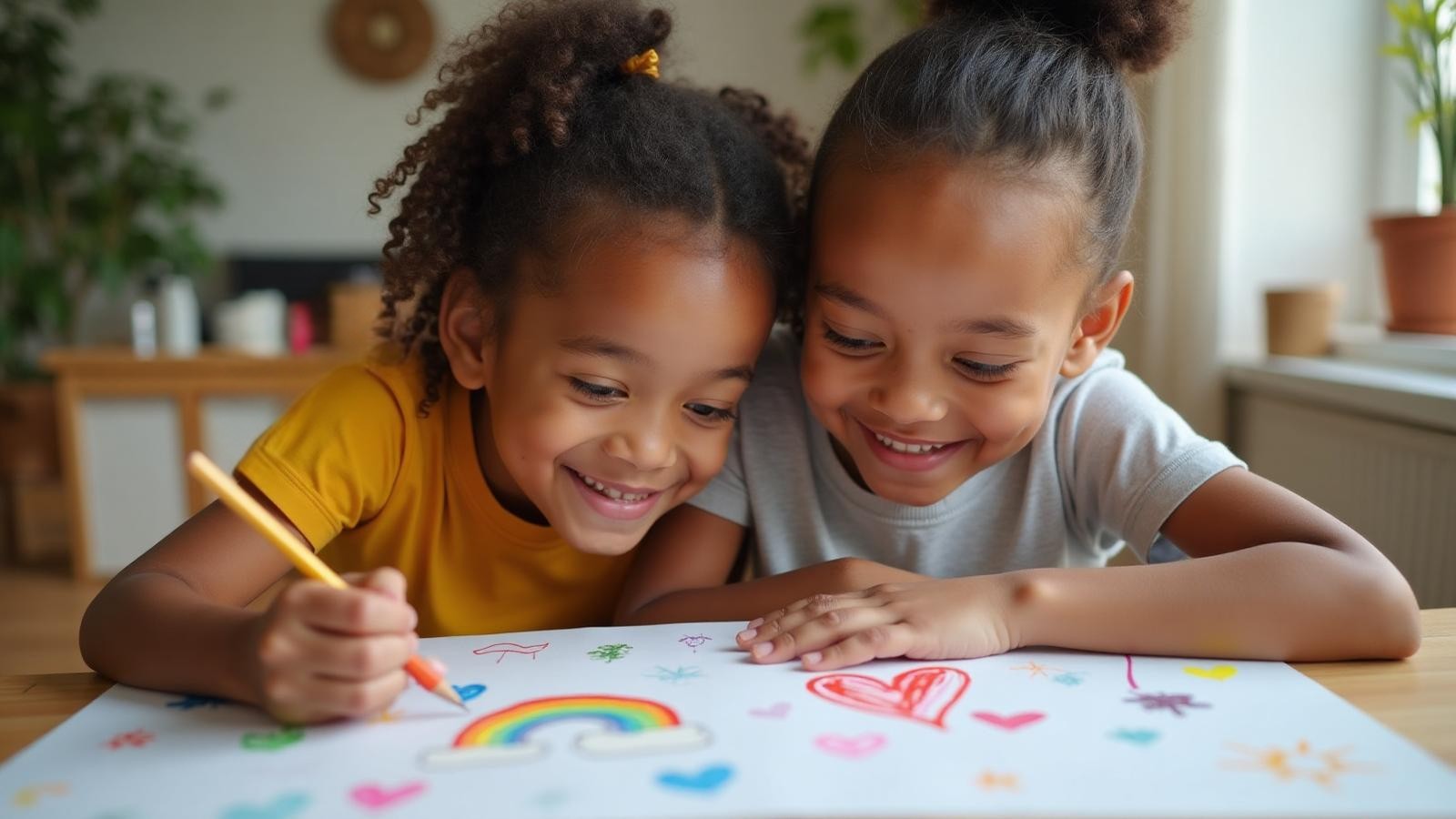 Child happily drawing with bright colors